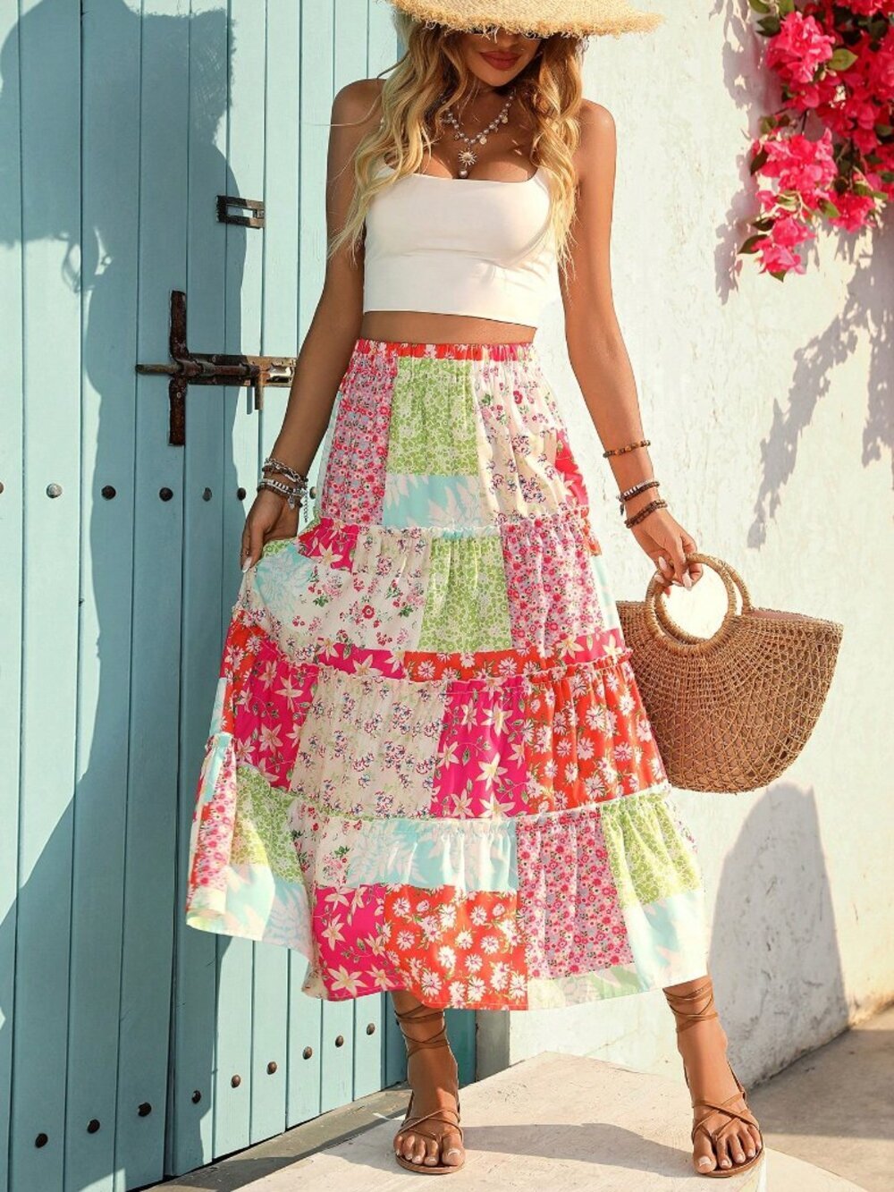 Multicolor boho Casual Women's Colorblock Floral Print Ruffle Hem maxi Skirt